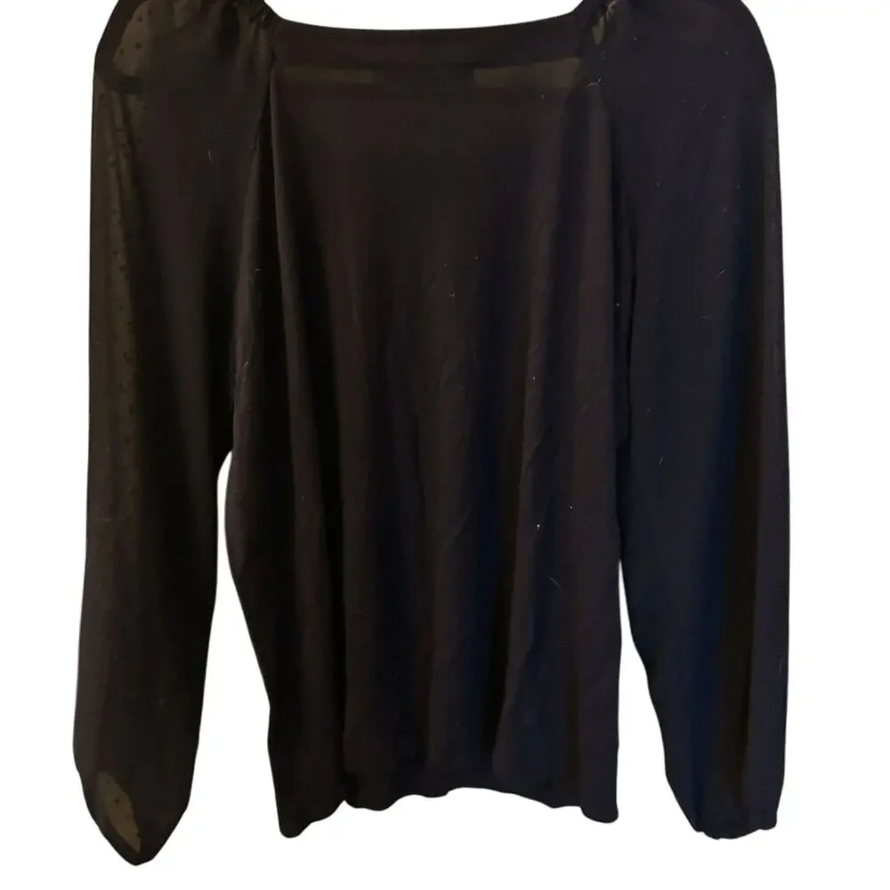 LOFT Black Sheer Swiss Dot Puff Sleeve Square Neck Top Size M Whimsygoth Blouse